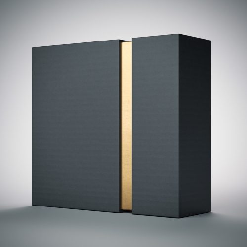 Black box with gold stripe inside in white studio. 3d rendering