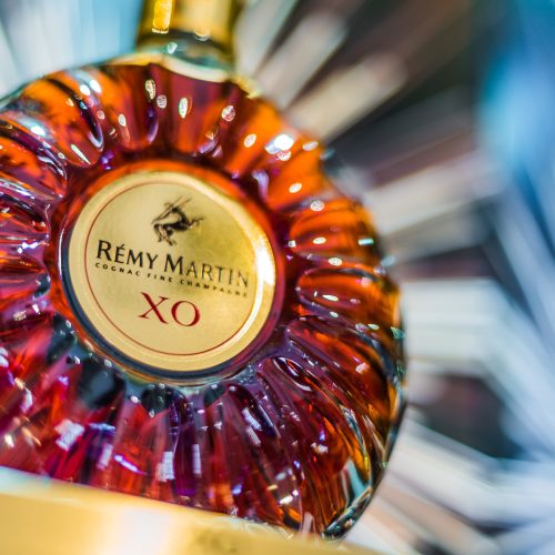 SINGAPORE - MAR 7, 2020: Bottle of Remy Martin, the brand that specialises in Cognac Fine Champagne.